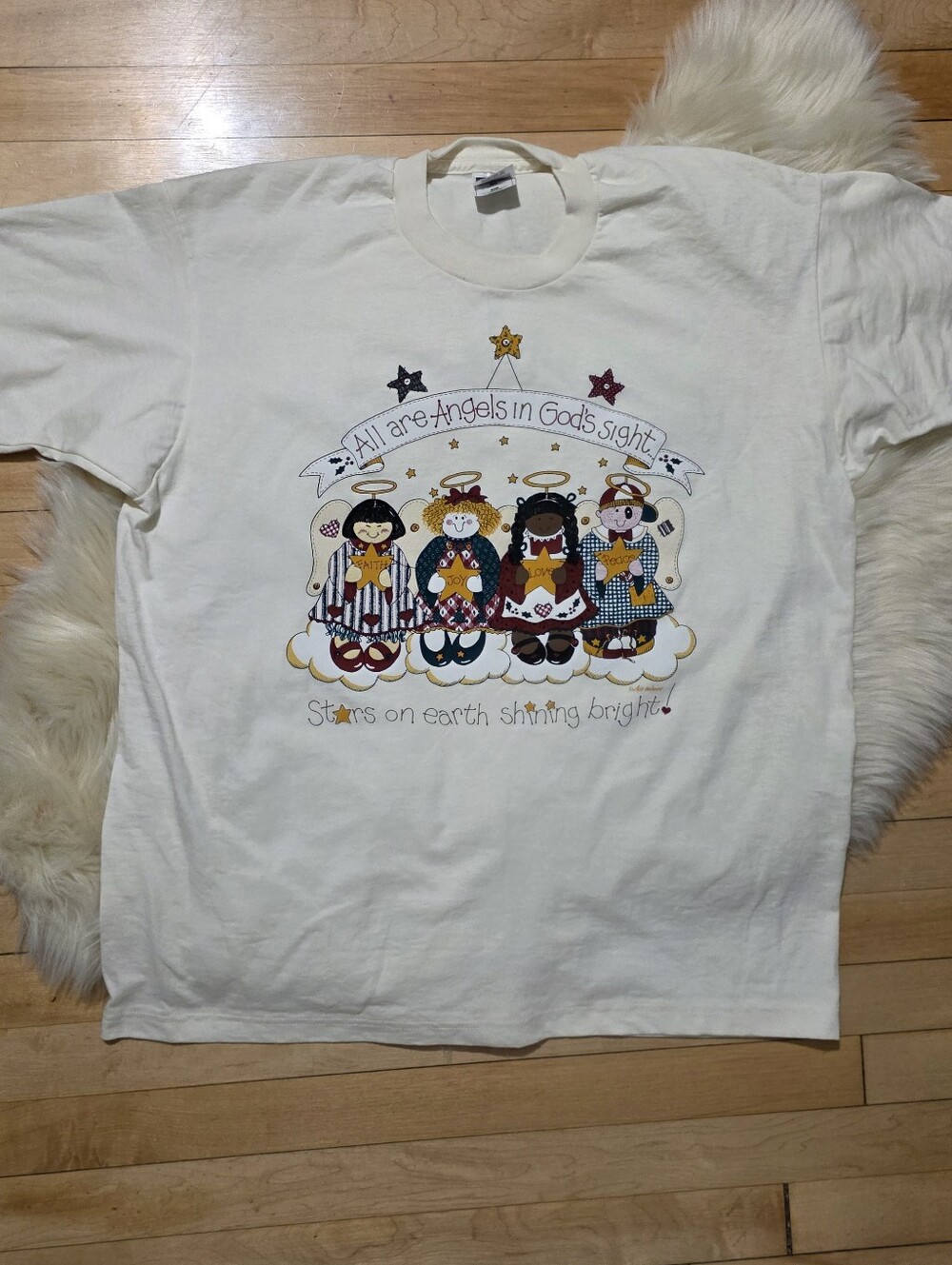Vtg USA 90s Angels Ivory Tee Shirt XL Granny-Core Fruit of The Loom